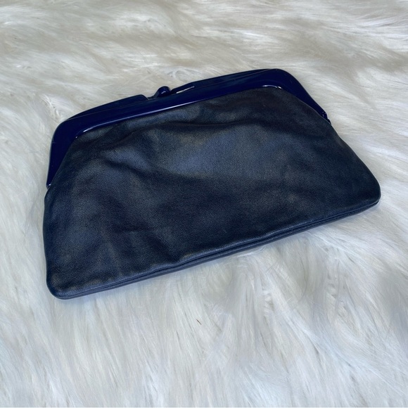 Genuine Leather Made in Italy Vintage Navy Blue Kiss Clasp Bag with Strap - Picture 1 of 9